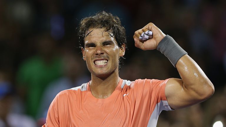 Rafael Nadal of Spain celebrates after his straight sets victory against Lleyton Hewitt of Australia at the Sony Open in Miami