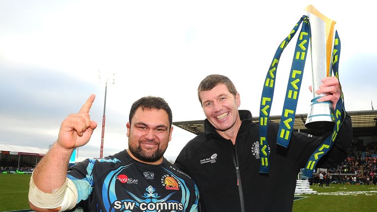 Exeter head coach Rob Baxter (right) and Hoani Tui celebrate with the trophy after winning the LV= Cup final against Northampton