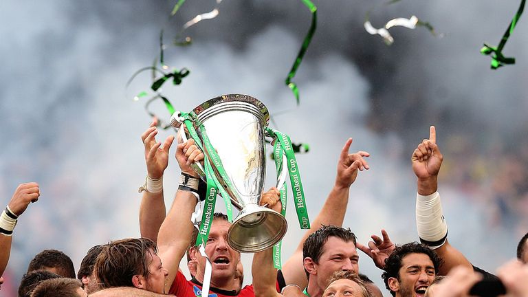 Toulon's Captain Jonny Wilkinson celebrating with the trophy after the Heineken Cup Final