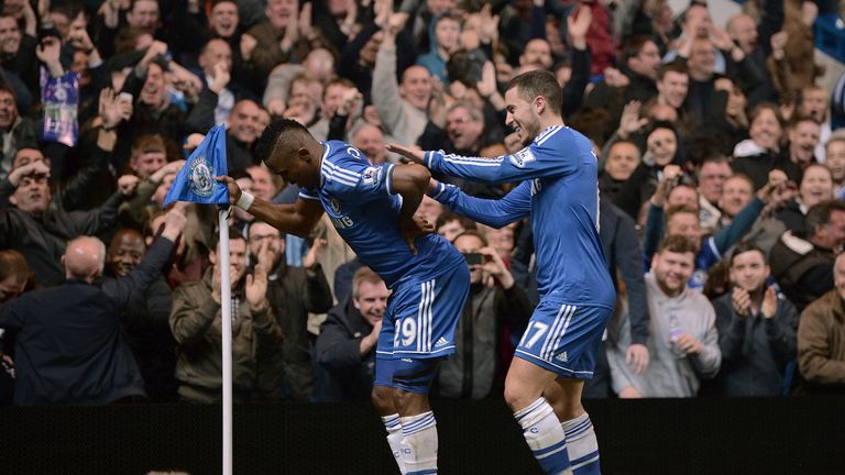 Chelsea's Samuel Eto'o (left) celebrates scoring their first goal of the game against Tottenham