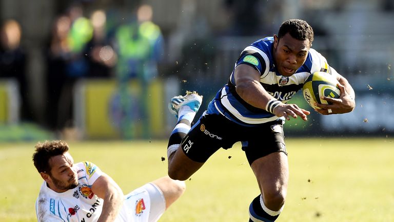 Semesa Rokoduguni of Bath is tackled by Phil Dollman of Exeter during the LV= Cup Semi Final