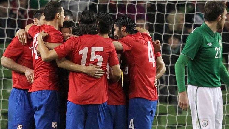Serbia players celebrate their first goal v Republic of Ireland and Serbia at Aviva Stadium