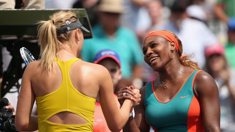 Serena Williams shakes hands with Maria Sharapova after beating her in the Sony Open semi-finals. Miami, Mar 27 2014.