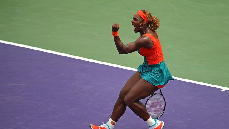 Serena Williams reacts to winning  the first set of the Womens Final  against  Li Na during the Sony Open Tennis