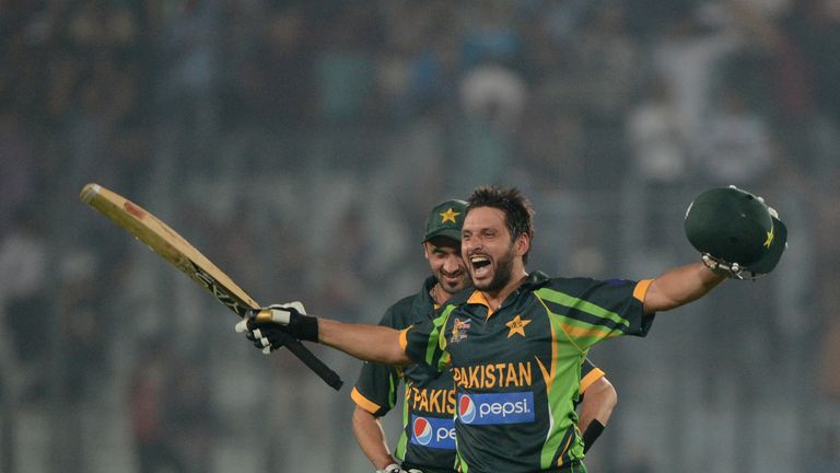 Sahid Afridi reacts after seeing Pakistan to a one-wicket victory over India in the Asia Cup in Dhaka