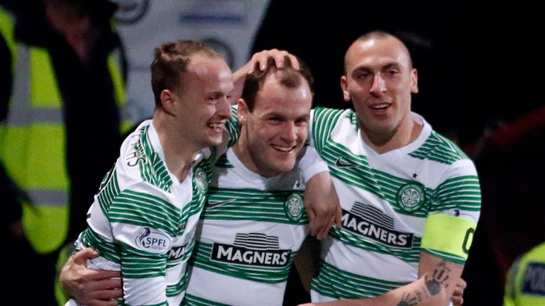 Celtic's Anthony Stokes celebrates his goal with team mates Leigh Griffiths (left) and Scott Brown (right) during the Scottish Premier League match at Firh