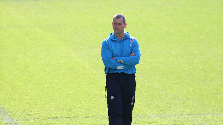 Stuart Lancaster looks on during an England training session held at Twickenham Stadium
