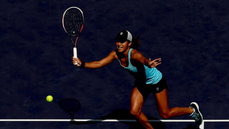 Heather Watson returns to Agnieszka Radwanska during the BNP Parabas Open at the Indian Wells. Mar 07 2014.