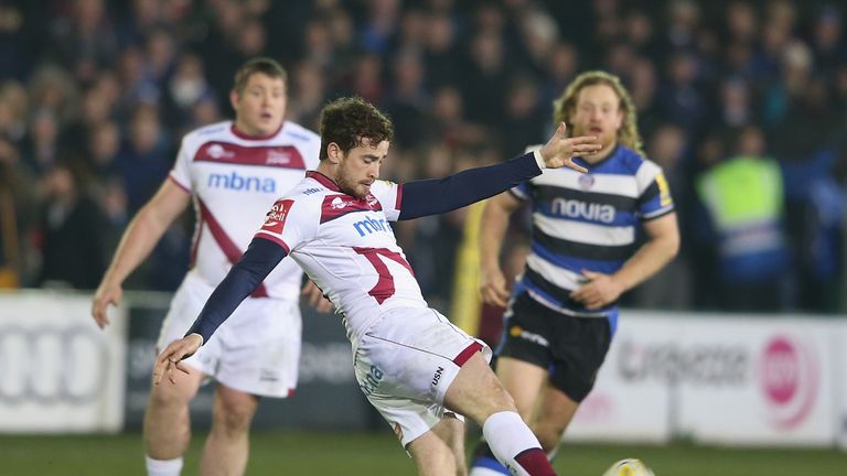 BATH, ENGLAND - MARCH 28:  Danny Cipriani of Sale kicks the  ball upfield during the Aviva Premiership match between Bath and Sale Sharks at the Recreation