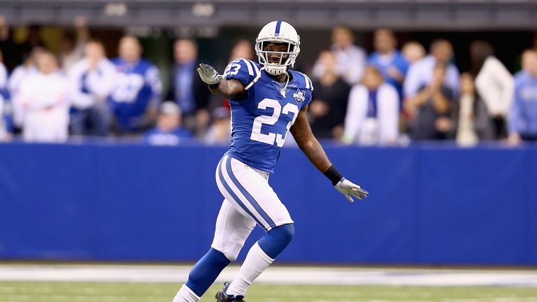 Vontae Davis of the Indianapolis Colts celebrates during the NFL Wild Card Playoff game against the Kansas City Chiefs
