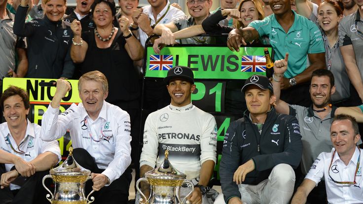 Toto Wolff, Lewis Hamilton, Nico Rosberg, and Paddy Lowe celebrate