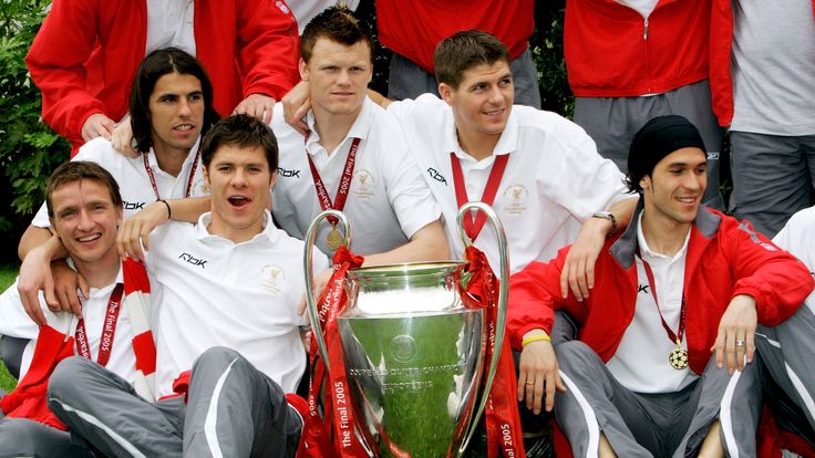 ISTANBUL - MAY 26: Liverpool's Vladimir Smicer, Milan Baros, Xabi Alonso, John Arne Riise, Steven Gerrard and Luis Garcia pose with Champions League trophy