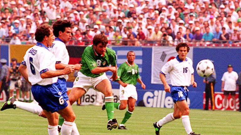 Ireland's Ray Houghton watches his shot go in the  goal - 18 June, 1994 during the first half of the game against Italy