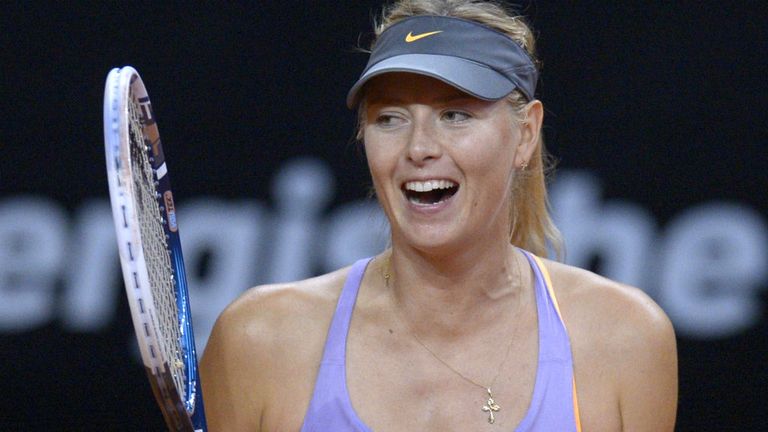 - Russias Maria Sharapova reacts after defeating Italys Sara Errani 6-1, 6-2 in their semifinal match at the WTA Porsche Tennis Grand Prix in Stuttgart