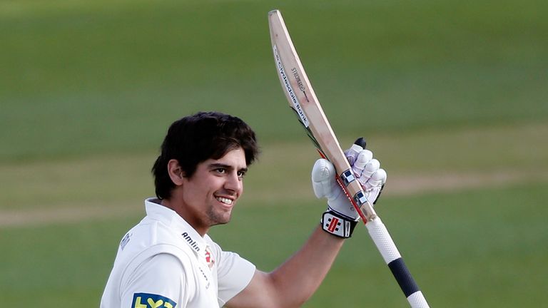 Alastair Cook of Essex celebrates reaching his century during day two of the County Championship match against Derbyshire