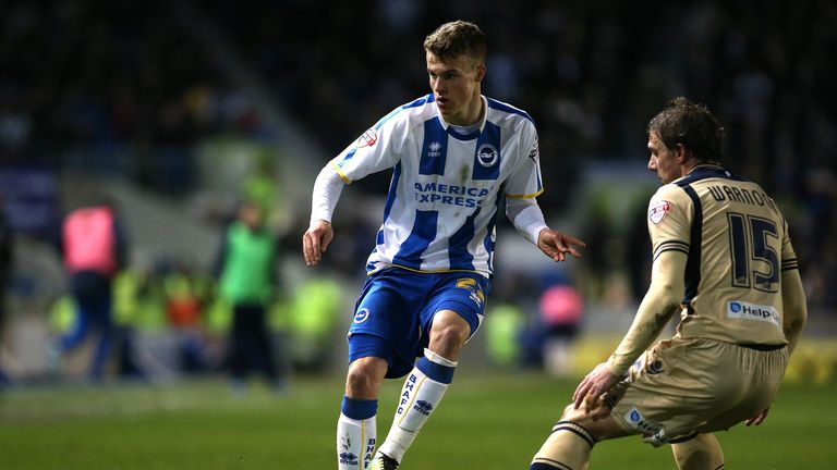 BRIGHTON, ENGLAND - FEBUARY 11: Solly March of Brighton keeps play moving during the Sky Bet Championship match between Brighton & Hove Albion and Leeds Un