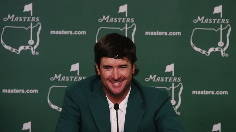 Bubba Watson of the United States speaks with the media after winning the 2014 Masters Tournament by a three-stroke margin at Augusta