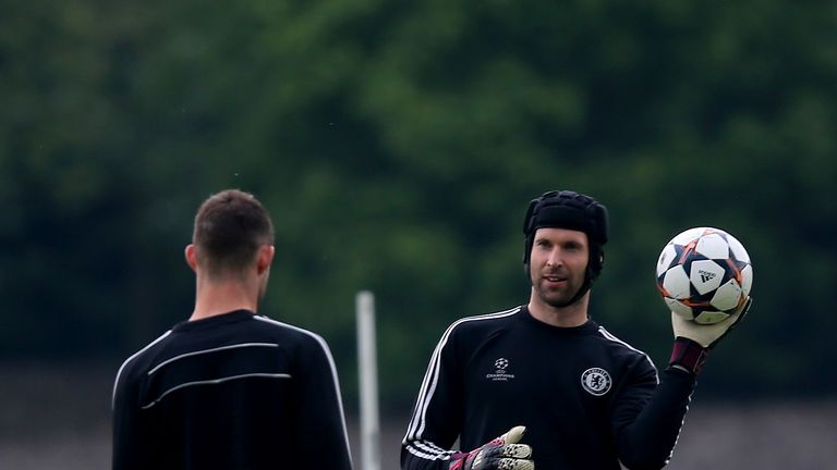 COBHAM, ENGLAND - APRIL 29: Petr Cech of Chelsea participates in a training session at Chelsea Training Ground on April 29, 2014 in Cobham, England.