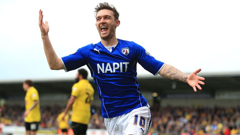 Chesterfield's Jay O'Shea celebrates scoring the first goal during the Sky Bet League Two match at the Pirelli Stadium, Burton Upon Trent.