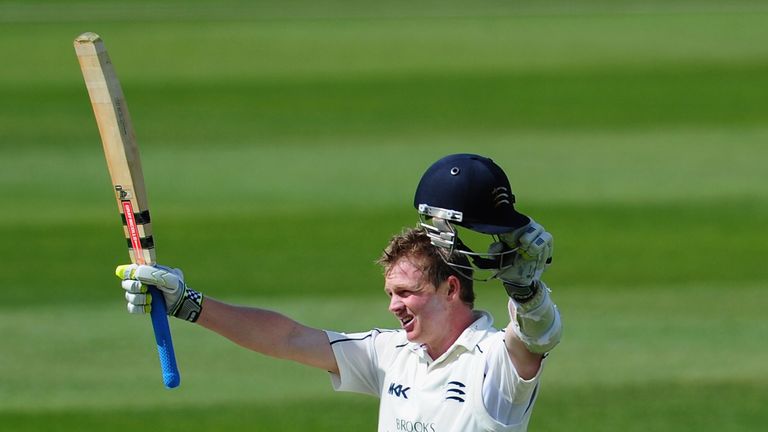 BIRMINGHAM, ENGLAND - MAY 08:  Middlesex batsman Sam Robson celebrates his century during day one of the LV County Championship Division One game between W