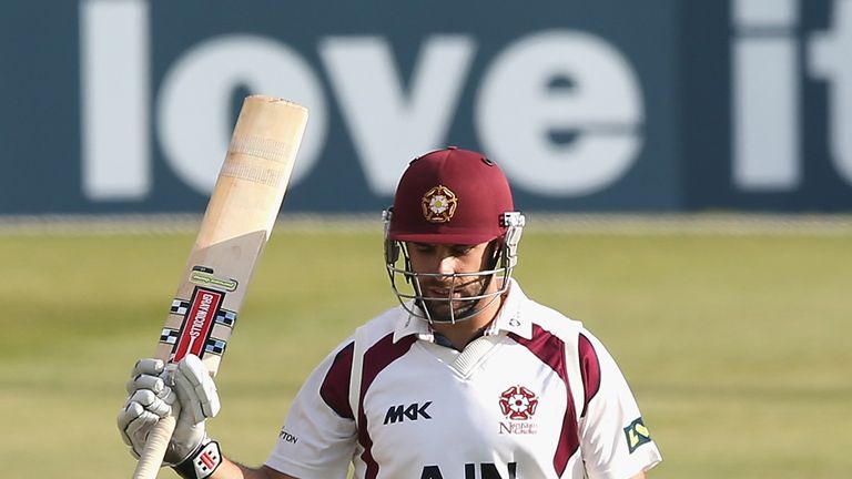 NORTHAMPTON, ENGLAND - APRIL 14: Kyle Coetzer of Northamptonshire acknowledges the applause as he makes a half century during the second day of the LV Coun