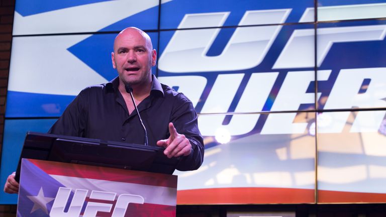 Dana White, President and CEO of the UFC, addresses the audience during a press conference in San Juan Puerto Rico