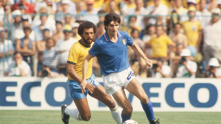 BARCELONA, SPAIN - JULY 5:  Paolo Rossi of Italy shields the ball from Junior of Brazil during the World Cup Round Two, Group  Three match between Brazil a