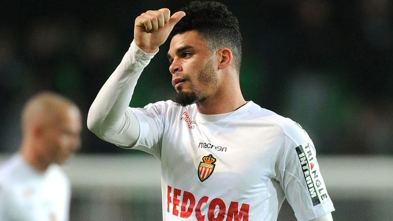 Monaco's French forward Emmanuel Riviere celebrates after winning the French L1 football match between Stade Rennais and AS Monaco