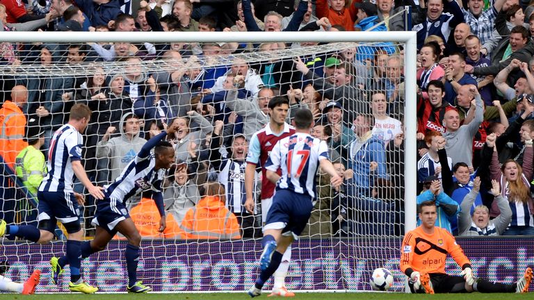 WEST BROMWICH, ENGLAND - APRIL 26:  West Brom celebrate the opening goal during the Barclays Premier League match between West Bromwich Albion and West Ham