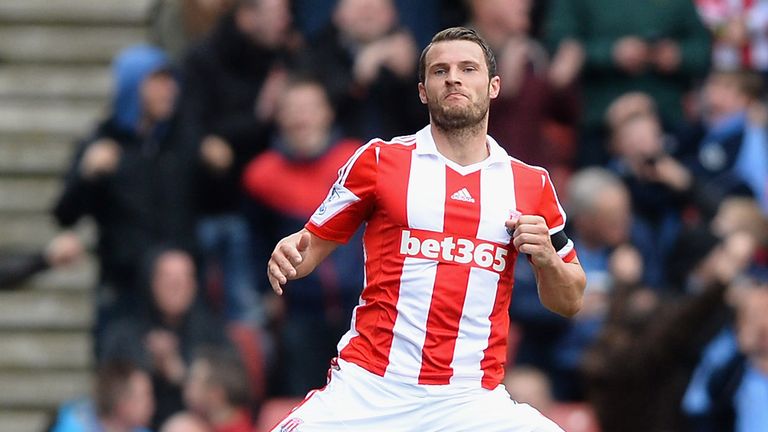 STOKE ON TRENT, ENGLAND - APRIL 12: Erik Pieters of Stoke City jumps for joy after scoring a first half goal during the Barclays Premier League match betwe