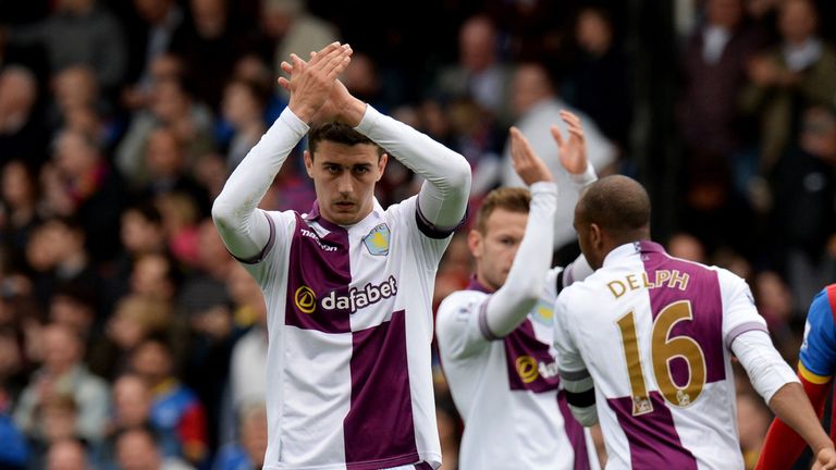 LONDON, ENGLAND - APRIL 12:  Matthew Lowton of Aston Villa (34) applauds the travelling fans after defeat in the Barclays Premier League match between Crys