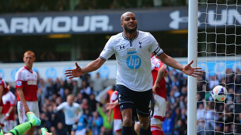 LONDON, ENGLAND - APRIL 19:  Younes Kaboul of Tottenham Hotspur celebrates scoring their third goal during the Barclays Premier League match