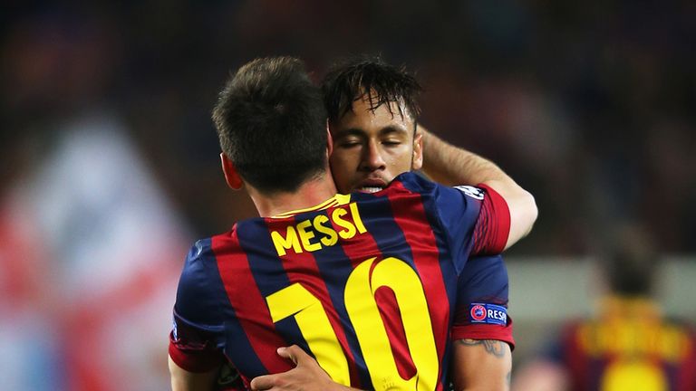 Crucial strike: Neymar of Barcelona celebrates his goal with Lionel Messi