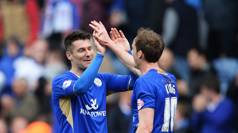 LEICESTER, ENGLAND - APRIL 19:  David Nugent (L) and Andy King of Leicester City celebrate victory after the Sky Bet Championship match between Leicester