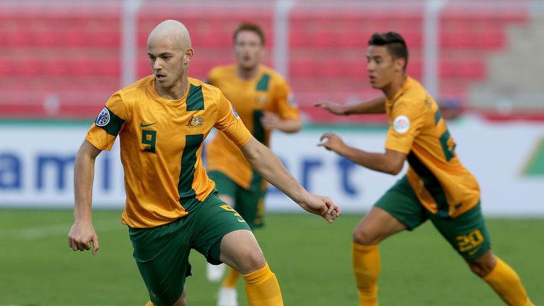 Dylan Tombides (L)of Australia in action during the AFC U-22 Championship Group C match between Australia and Kuwait at Royal O
