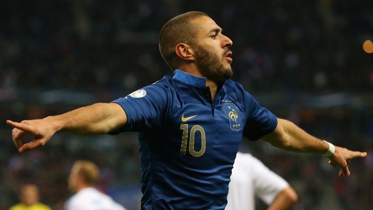 Karim Benzema of France celebrates scoring his team's third goal during the World Cup Qualifying Group I match against Finland