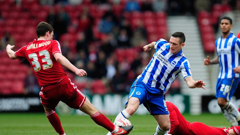 MIDDLESBROUGH, ENGLAND - APRIL 13:  Brighton players Andrew Crofts (r) challenges Richard Smallwood during the npower Championship match between Middlesbro