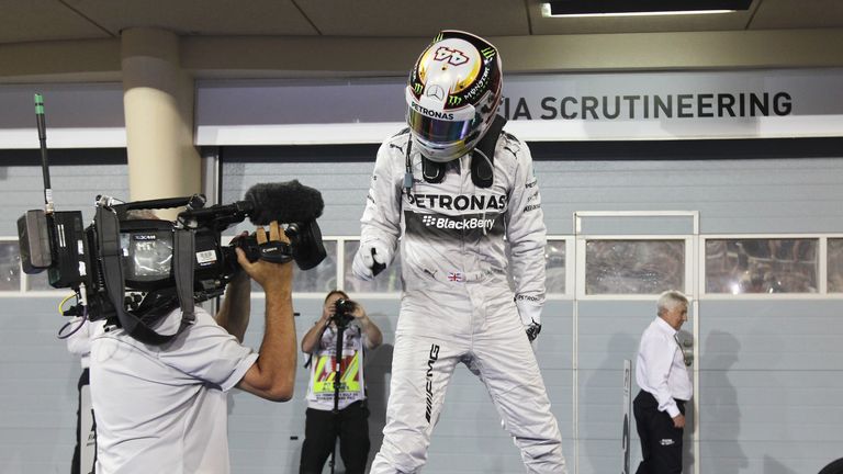 Lewis Hamilton celebrates in parc ferme