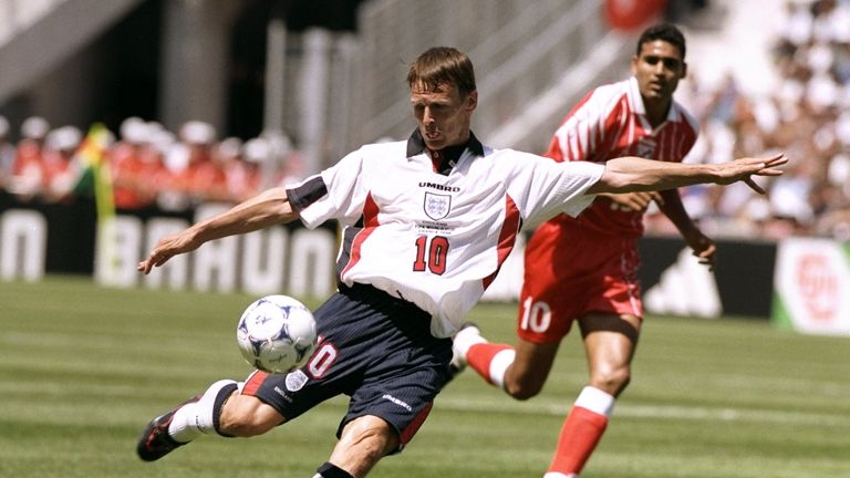 15 Jun 1998:  Teddy Sheringham of England shoots during the World Cup group G game against Tunisia at the Stade Velodrome in Marseille, France. England won
