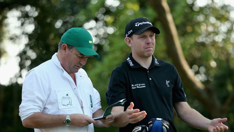 Stephen Gallacher and his caddie Damian Moore on the second tee