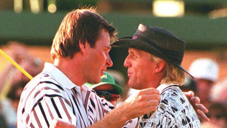 1996 Masters Champion Nick Faldo of England is congratulated by runner-up Greg Norman