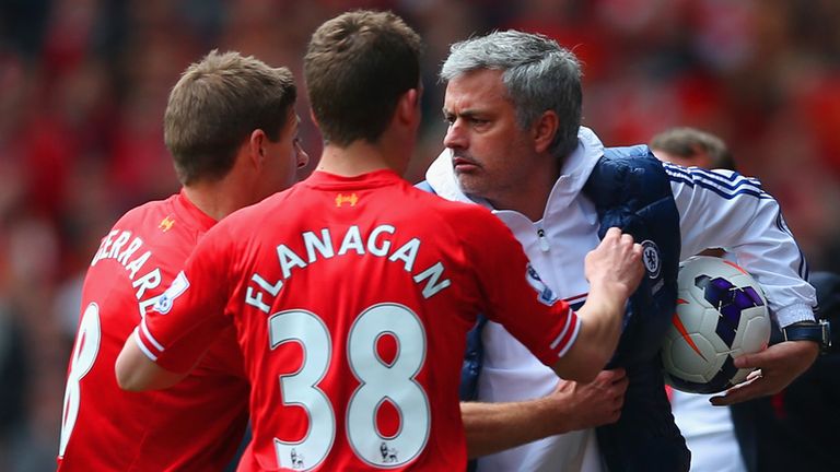 Steven Gerrard and John Flanagan try to retrieve the ball from Jose Mourinho
