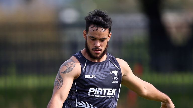 Isaac John practices his kicking during a New Zealand Kiwis training session at Allianz Stadium on April 29, 2014 in Sydney,