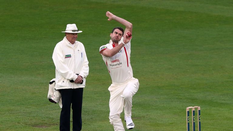 James Anderson of Lancashire in action during the County Championship match between Lancashire and Kent. April 2013.