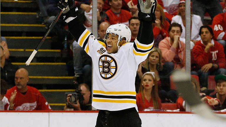 DETROIT, MI - APRIL 24:  Jarome Iginla #12 of the Boston Bruins celebrates his game-winning overtime goal to beat the Detroit Red Wings 3-2 in Game Four of