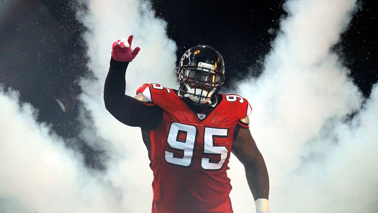 Jonathan Babineaux #95 of the Atlanta Falcons against the Green Bay Packers at Georgia Dome on October 9, 2011.