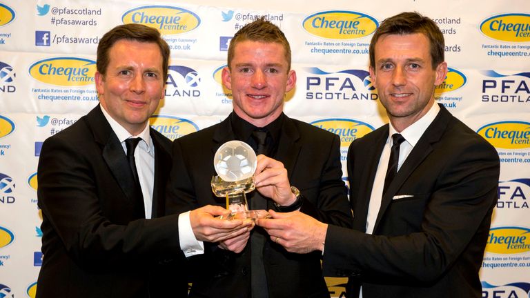 Jonny Hayes (centre): Sky Sports presenter David Tanner (left) and Dunfermline coach Neil McCann (right) present the Goal of the Season award