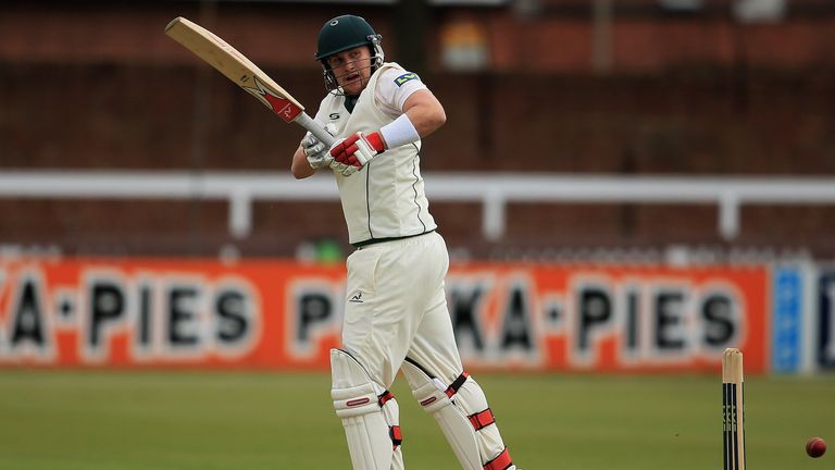 Josh Cobb of Leicestershire nudges the ball to the leg side during the LV County Championship match against Glamorgan