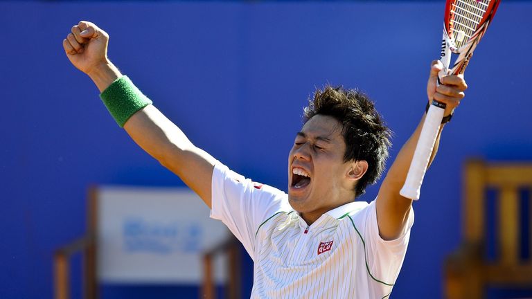 Kei Nishikori celebrates winning the Barcelona Open title. April 27 2014.