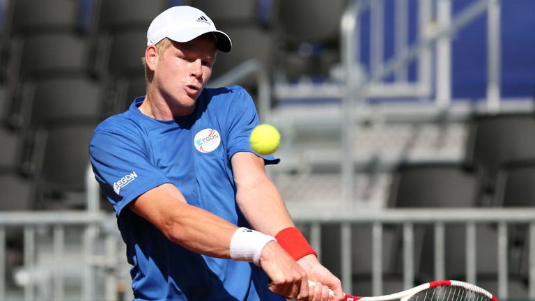 Kyle Edmund of Great Britain in action during a practice session prior to the Davis Cup World Group first round between the USA and Great Britain.